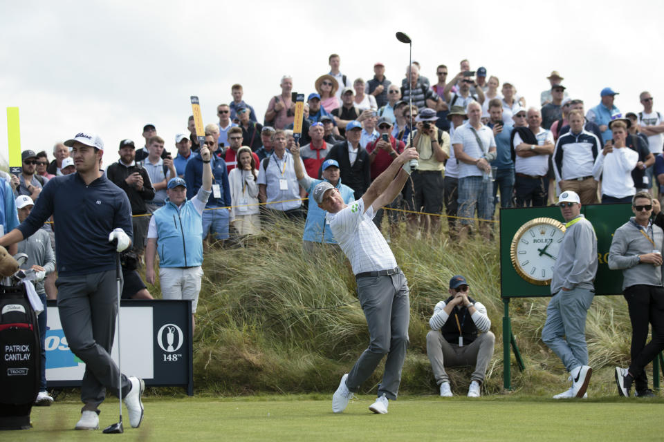 Jim Furyk of the United States drives off the 7th tee during a practice round at Royal Portrush Golf Club, Northern Ireland, Monday, July 15, 2019. The148th Open Golf Championship begins on July 18. (AP Photo/Jon Super)