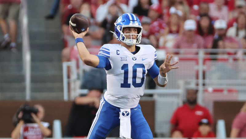 BYU quarterback Kedon Slovis throws during game at Razorback Stadium in Fayetteville, Arkansas, on Saturday, Sept. 16, 2023. Slovis made a few throws that turned NFL scouts’ heads during the Cougars’ upset victory.