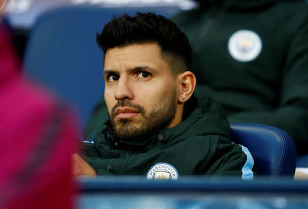 FILE PHOTO: Soccer Football - Champions League Quarter Final Second Leg - Manchester City vs Liverpool - Etihad Stadium, Manchester, Britain - April 10, 2018 Manchester City's Sergio Aguero on the substitutes bench Action Images via Reuters/Jason Cairnduff/File Photo