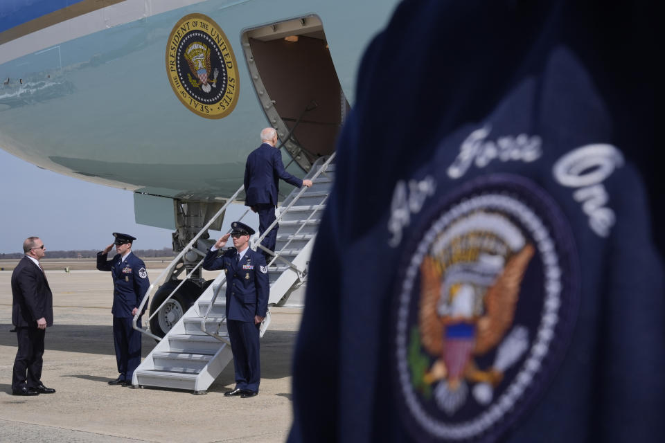 FILE - President Joe Biden boards Air Force One, March 13, 2024, at Andrews Air Force Base, Md. en route to Milwaukee. The White House and the Democratic National Committee are splitting the cost of Biden’s travel while he runs for a second term. It’s part of a longstanding arrangement that prevents taxpayers from being stuck with the full bill for political trips. (AP Photo/Jacquelyn Martin, File)