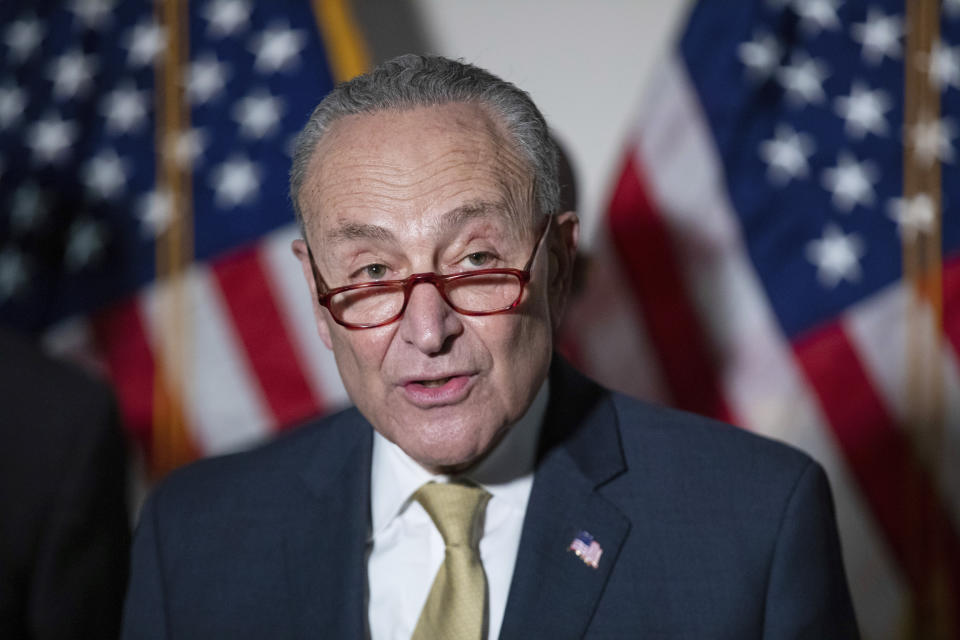 Senate Majority Leader Chuck Schumer, D-N.Y., responds to questions from reporters during a press conference regarding the Democratic party's shift to focus on voting rights at the Capitol in Washington, Tuesday, Jan. 18, 2022. (AP Photo/Amanda Andrade-Rhoades)