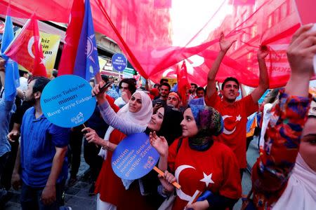 FILE PHOTO: Supporters of Turkish President Tayyip Erdogan take a selfie during a pre-election gathering in Istanbul, Turkey, June 20, 2018. REUTERS/Huseyin Aldemir/File Photo