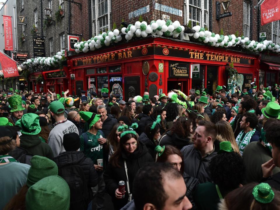 People packed into Dublin's popular Temple Bar area to celebrate St. Patrick's Day.