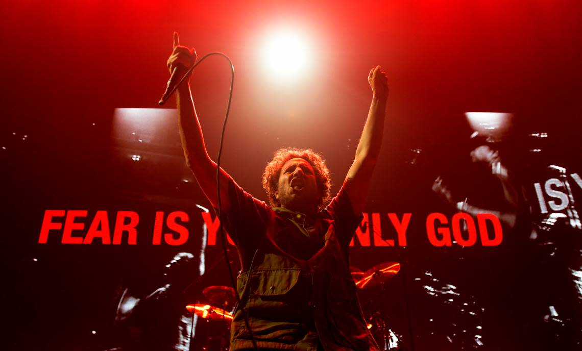 Rage Against the Machine’s Zack de la Rocha fires up the crowd during the Run the Jewels in concert, Sunday night, July 31, 2022 at Raleigh, N.C.’s PNC Arena.