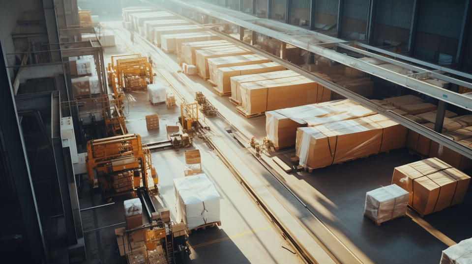 Aerial view of a factory producing consumer packaging and fiber-based protective packaging.