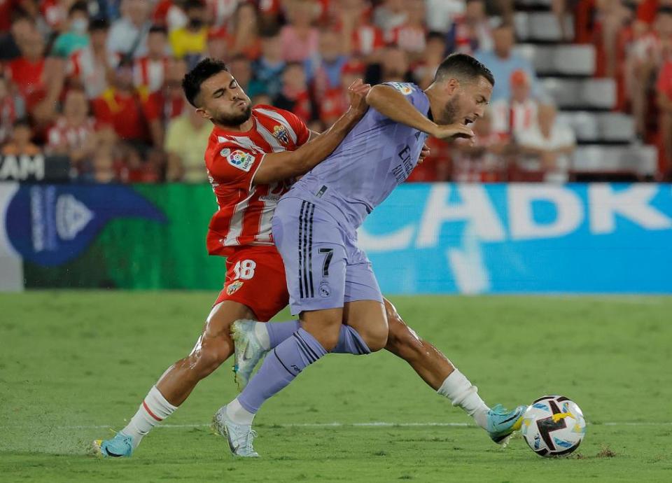 Almería’s Arnau Solà in action with Eden Hazard.