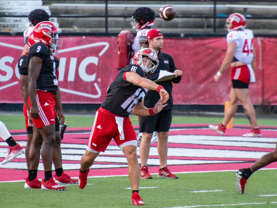 Louisiana Ragin' Cajuns quarterback Chandler Fields (No. 16) throws the ball at Cajun Field on Sunday, August 9, 2021.