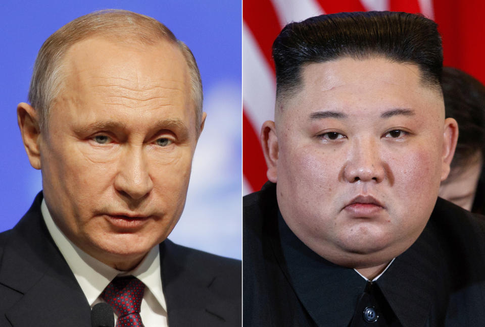 FILE - This combination file photo, shows Russian President Vladimir Putin, left, in St. Petersburg, Russia, April 9, 2019, and North Korean leader Kim Jong Un in Hanoi, Vietnam, on Feb. 28, 2019. When Kim meets with Putin for their first one-on-one meeting, he will have a long wish list and a strong desire to notch a win after the failure of his second summit with U.S. President Donald Trump in February 2019. (AP Photo/Dmitri Lovetsky, Evan Vucci, File)