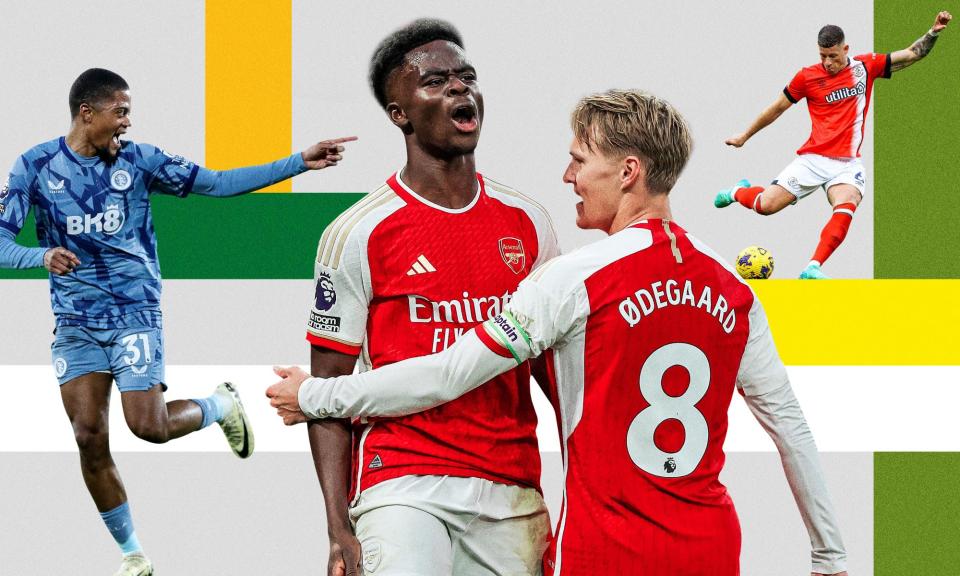 <span>Making waves this weekend (left to right): Villa’s Leon Bailey; Arsenal’s Bukayo Saka and Martin Ødegaard; and Luton midfielder Ross Barkley.</span><span>Composite: Guardian Picture Desk</span>