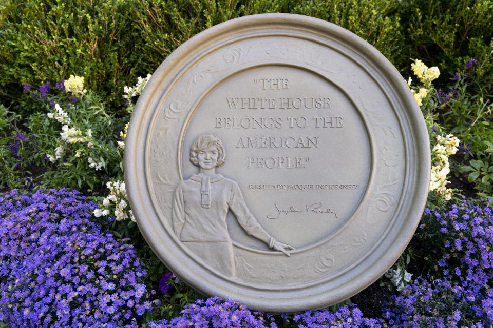 A medallion sculpture honoring former first lady Jacqueline Kennedy is seen after its unveiling ceremony at the Decatur House on Friday, Sept. 23, 2022, near the White House in Washington. (AP Photo/Jacquelyn Martin)