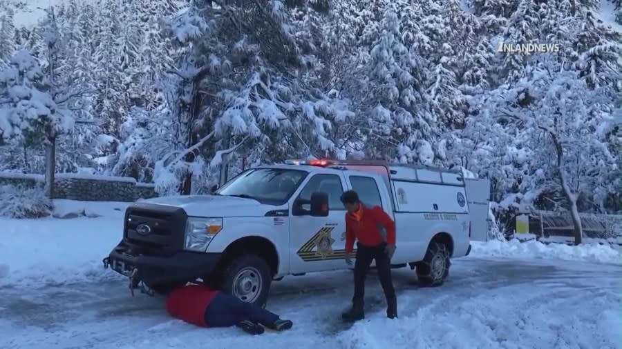 Search and rescue crews navigate snowy, wintry conditions on Mount Baldy in the San Gabriel Mountains on Feb. 7, 2024. (Inland News)