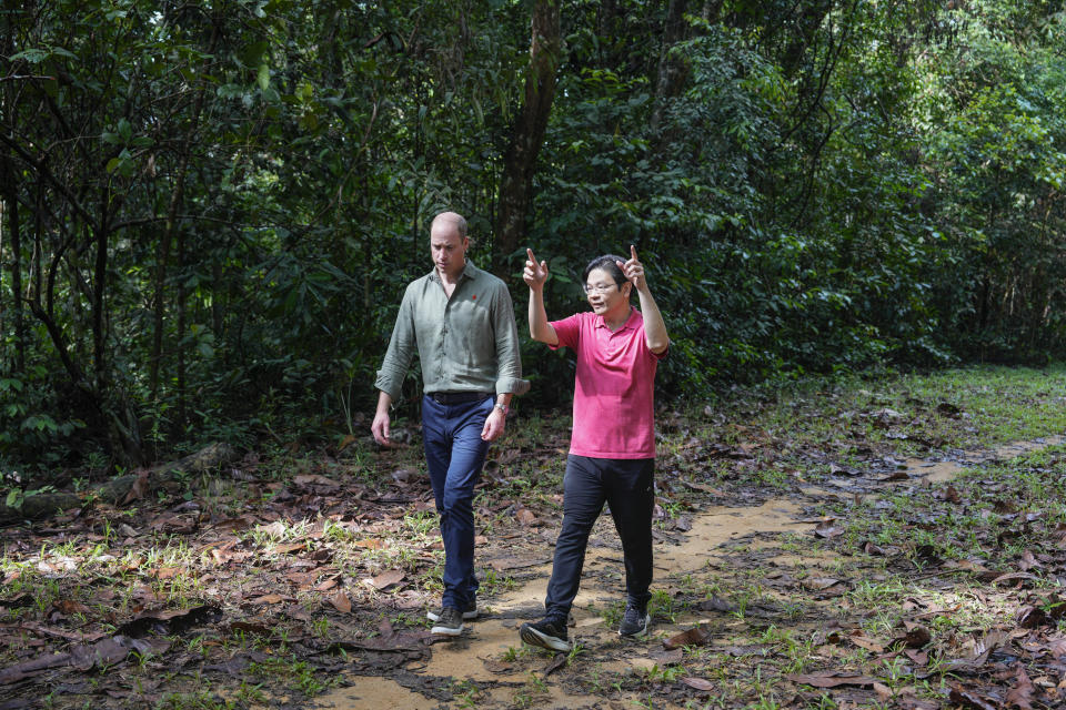 Britain's Prince William, left, and Singapore's Deputy Prime Minister and Minister of Finance Lawrence Wong visit the Central Catchment Nature Reserve of Singapore, Wednesday, Nov. 8, 2023. (AP Photo/Vincent Thian)