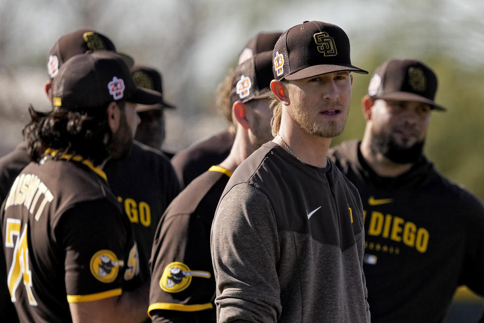 San Diego Padres relief pitcher Josh Hader waits to participate in a drill during spring training baseball practice Saturday, Feb. 18, 2023, in Peoria, Ariz. (AP Photo/Charlie Riedel)