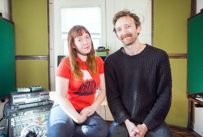 Amelia Meath and Nick Sanborn, together known as the band Sylvan Esso, in their Durham studio in 2018. They recorded a Tiny Desk Home Concert for NPR.
