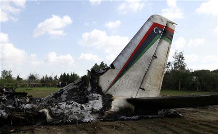 The wreckage of a Libyan military plane that crashed near Grombalia town, south of Tunis, is seen February 21, 2014. REUTERS/Anis Mili