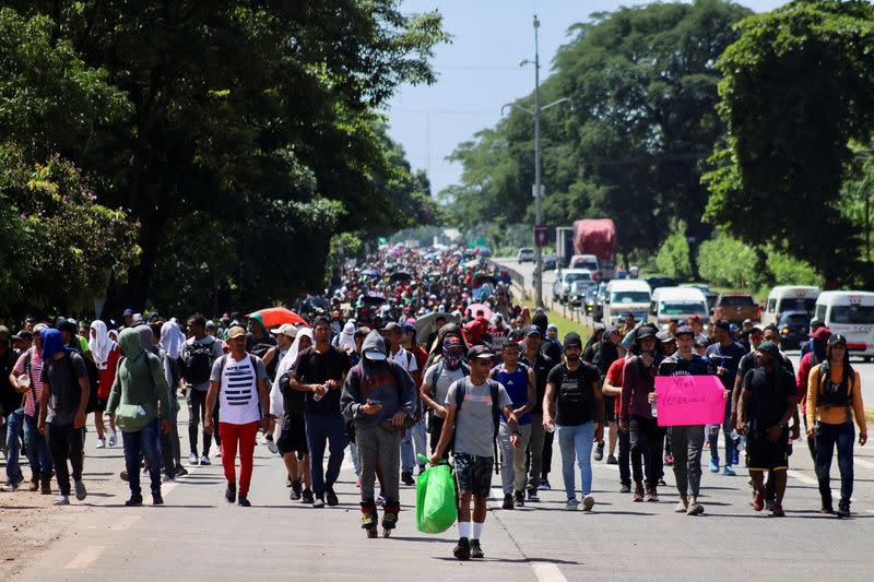 Venezuelans take part in a caravan toward the U.S., in Tapachula