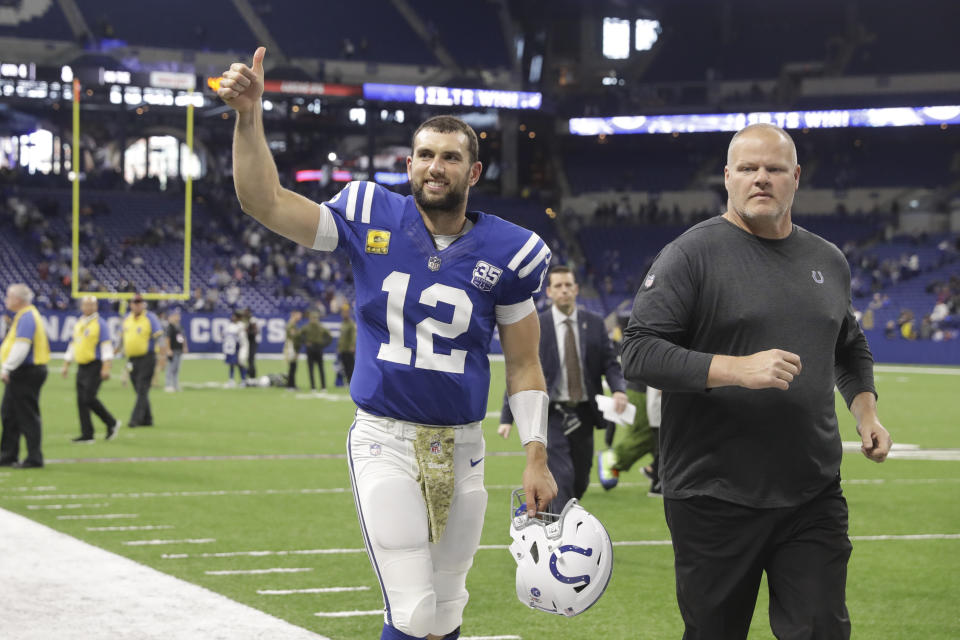 Indianapolis Colts quarterback Andrew Luck (12) waves to fans as he leaves the field following an NFL football game against the Jacksonville Jaguars in Indianapolis, Sunday, Nov. 11, 2018. (AP Photo/Darron Cummings)