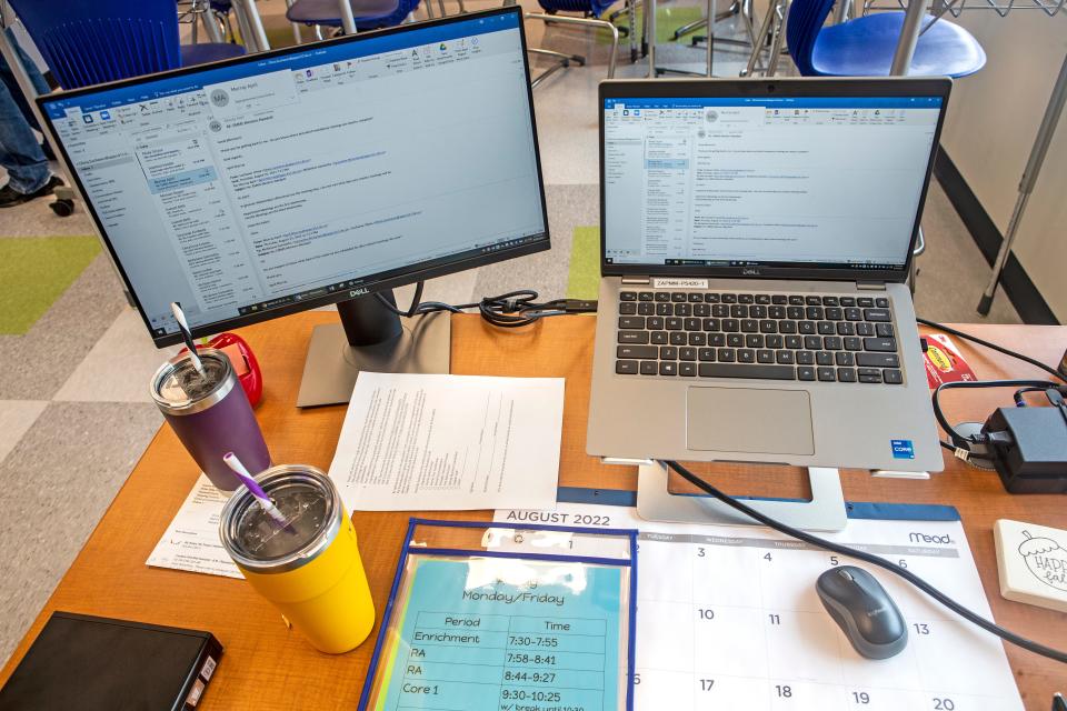 A teacher's desk in Middletown, in 2022.