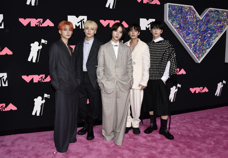 Tomorrow X Together arrives at the MTV Video Music Awards on Tuesday, Sept. 12, 2023, at the Prudential Center in Newark, N.J. (Photo by Evan Agostini/Invision/AP)