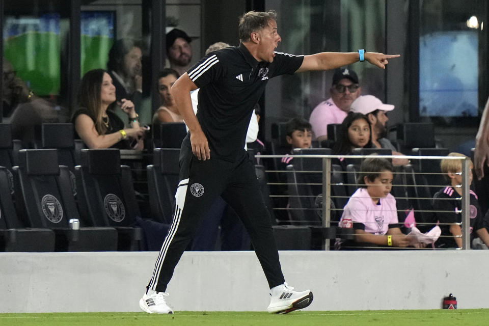 Inter Miami head coach Phil Neville watches during the first half of an MLS soccer match against Orlando City, Saturday, May 20, 2023, in Fort Lauderdale, Fla. (AP Photo/Lynne Sladky)