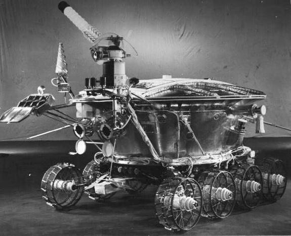 On November 17, 1970 the Soviet Luna 17 spacecraft landed the first roving remote-controlled robot on the Moon. Known as Lunokhod 1, it weighed just under 2,000 pounds and was designed to operate for 90 days while guided by a 5-person team on p