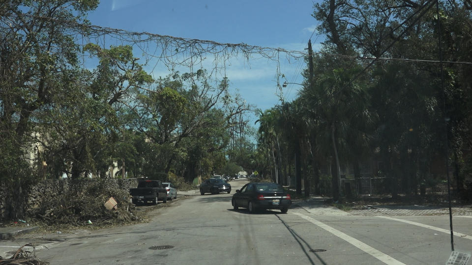 Debris drapes across a power line in Miami's Little Havana neighborhood. One of the city's poorest areas,&nbsp;Little Havana has been without power for nearly four days since Hurricane Irma hit South Florida over the weekend.&nbsp; (Photo: Daniel Fox/HuffPost)