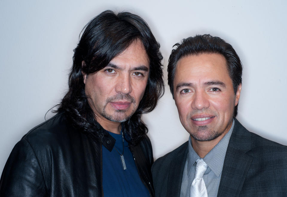 ALBUQUERQUE, NM - OCTOBER 1: Brothers Adolfo Angel (l) and Gustavo Angel (r) pose backstage following their performance at Route 66 Casino�s Legends Theater on October 1, 2010 in Albuquerque, New Mexico. The Latin GRAMMY® winning Mexican duet known as Los Temerarios has been performing together for over three decades. (Photo by Steve Snowden/Getty Images)