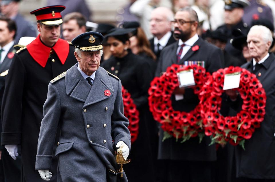 King Charles III walks towards The Cenotaph during the Remembrance Day service (Reuters)