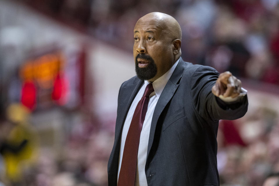 Indiana coach Mike Woodson gestures during the first half of the team's NCAA college basketball game against Iowa, Tuesday, Feb. 28, 2023, in Bloomington, Ind. (AP Photo/Doug McSchooler)