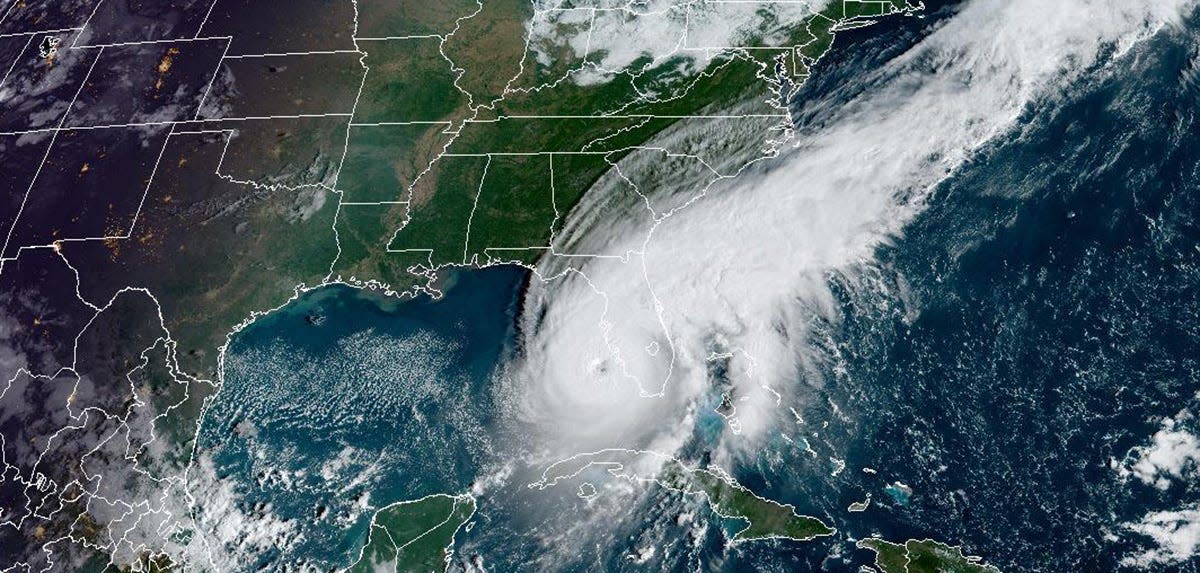 In this satellite shot, Hurricane Ian is seen moving toward Florida in the Gulf of Mexico. Two former unsuccessful candidates for U.S. Congress think Ian was a "deep state" attack on Florida. Really.