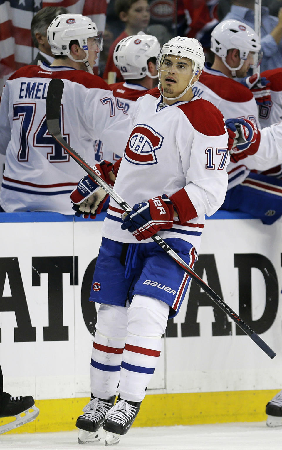 Montreal Canadiens left wing Rene Bourque (17) celebrates with teammates after scoring against the Tampa Bay Lightning during the second period of Game 2 of a first-round NHL hockey playoff series on Friday, April 18, 2014, in Tampa, Fla. (AP Photo/Chris O'Meara)