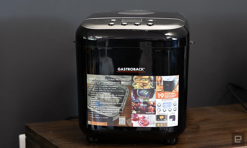 A photo of the Gastroback Bread Maker pro on the table.