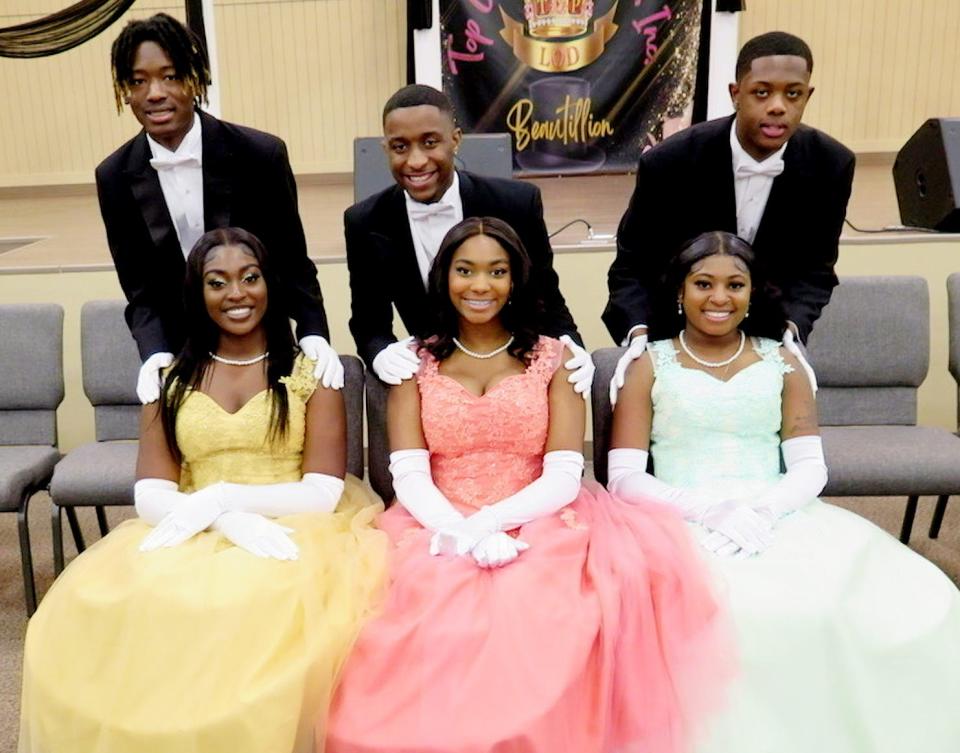 (seated from left) Belles: Jahzara Jett, LaBria Small
and Shanyla Taylor; (standing from left) Beaux: Timothy Carroll, Austin Small-Jones and Shawn A. Franklin II for the Beautillion.