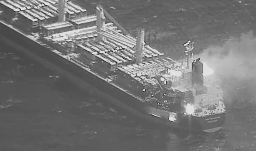 This image released by the US military's Central Command shows the fire aboard the bulk carrier True Confidence after a missile attack by the Houthis in the Gulf of Aden on March 6, 2024.