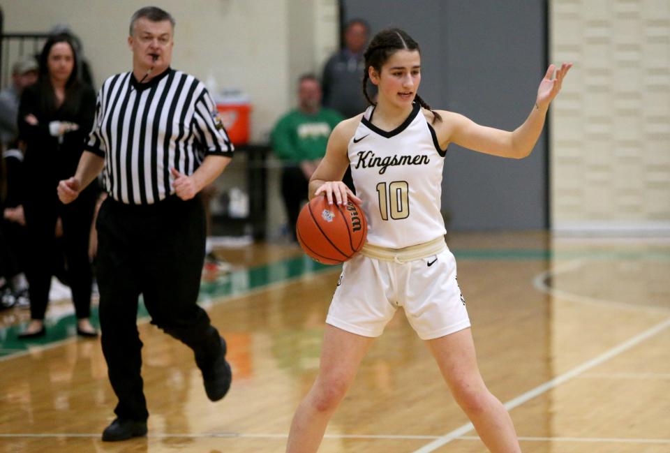 Penn’s Lauren Walsh (10) calls a play during the Northridge vs. Penn girls sectional basketball championship game Saturday, Feb. 3, 2024, at Northridge Middle School.