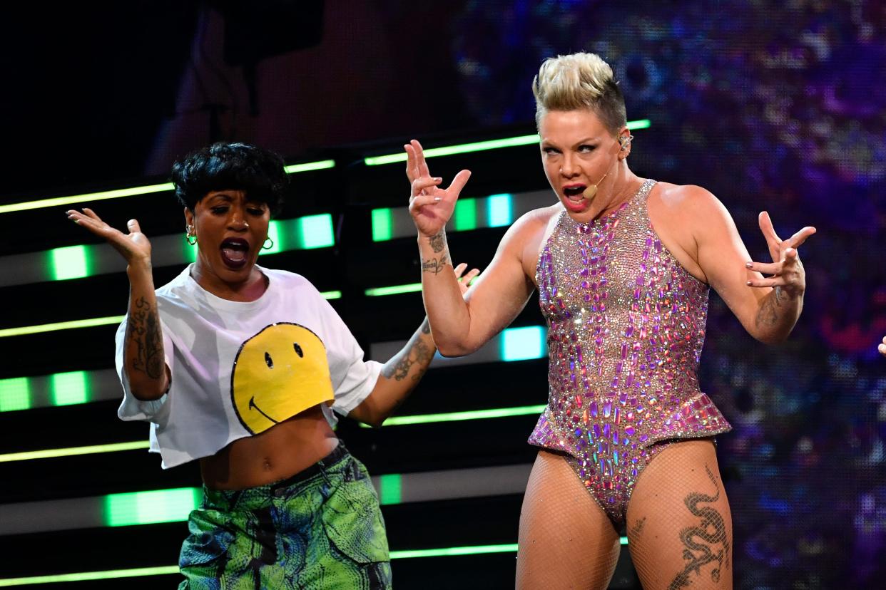 Pink performs in concert at the KFC Yum! Center, Saturday, Nov. 11 2023, in Louisville, Ky.