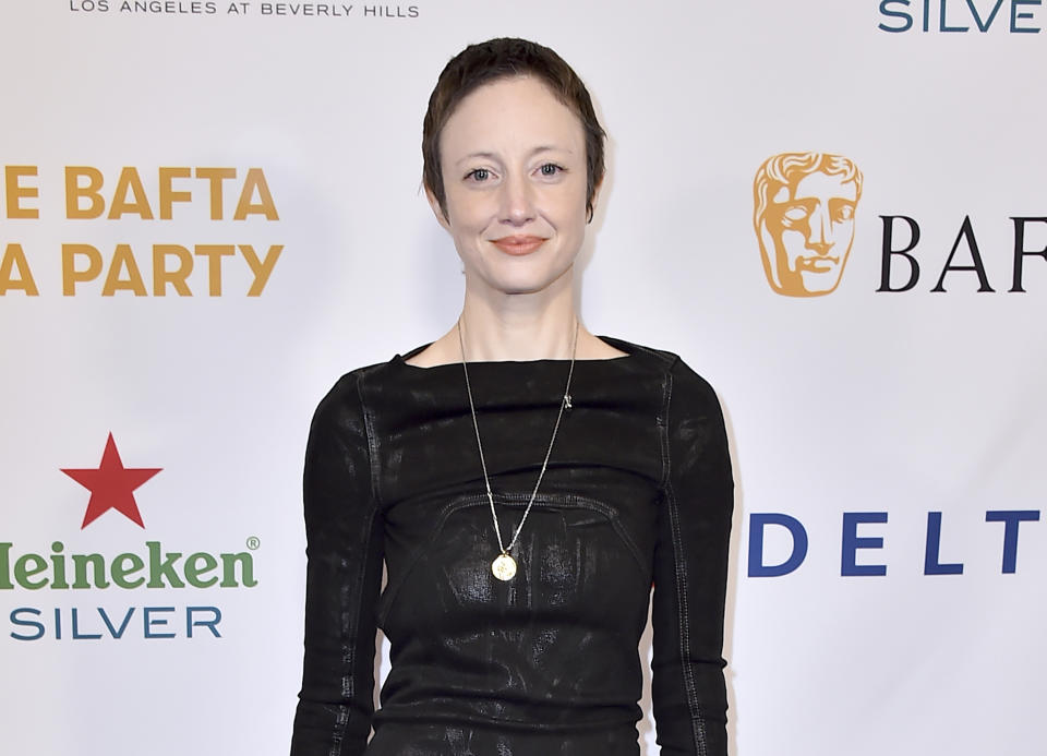 FILE - Andrea Riseborough arrives at the 2023 BAFTA Tea Party in Los Angeles on Jan. 14, 2023. Riseborough is nominated for an Oscar for best actress for her role in "To Leslie." (Photo by Jordan Strauss/Invision/AP, File)