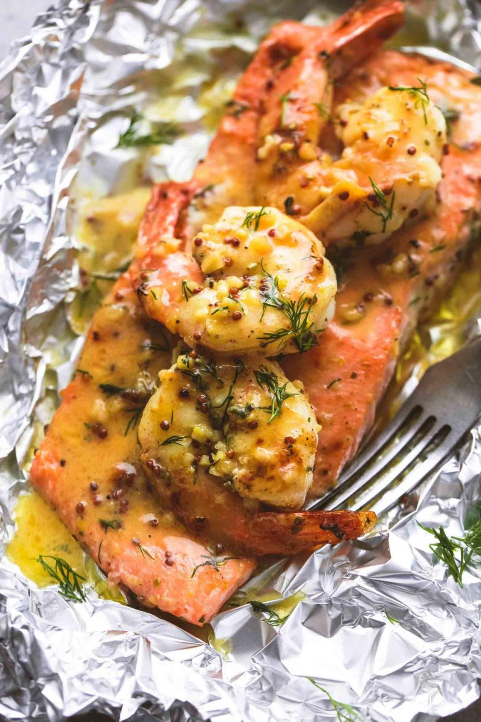 Garlic Dijon Shrimp and Salmon Foil Packs