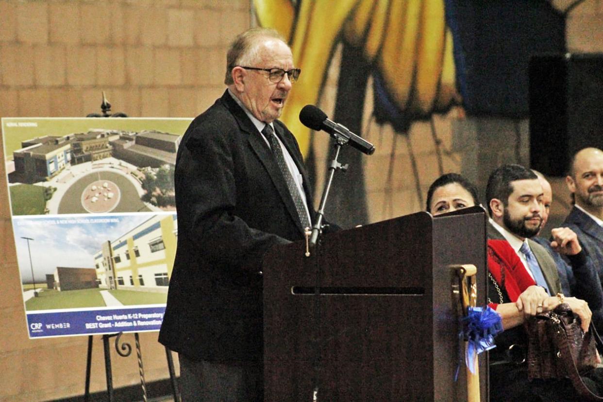 Richard Duran, interim president at the Chavez Huerta K-12 Preparatory Academy, speaks at the groundbreaking of a 70,000 square-foot expansion of Dolores Huerta Preparatory High School on Friday, Feb. 3, 2023, in Pueblo, Colo.