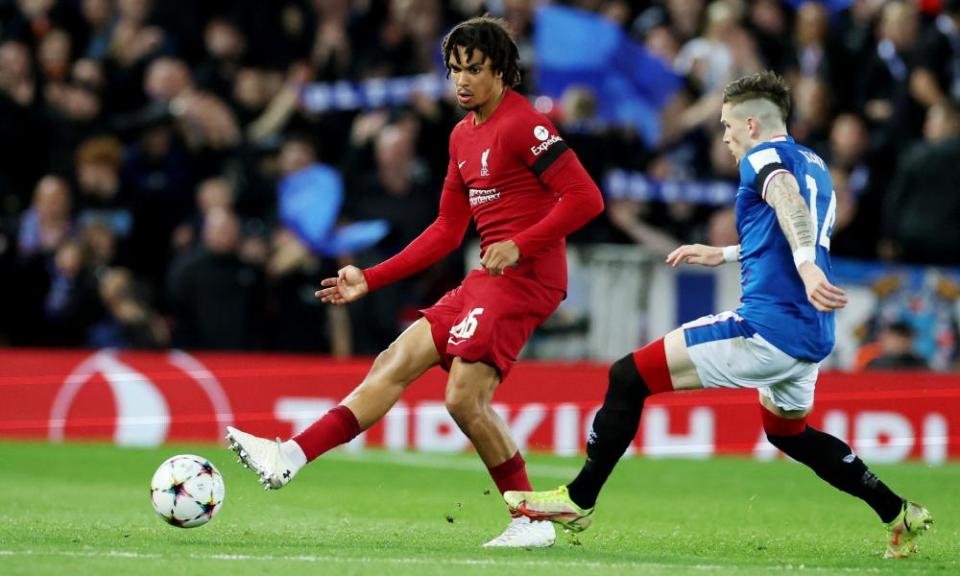 Trent Alexander-Arnold and Ryan Kent during Liverpool’s win against Rangers at Anfield