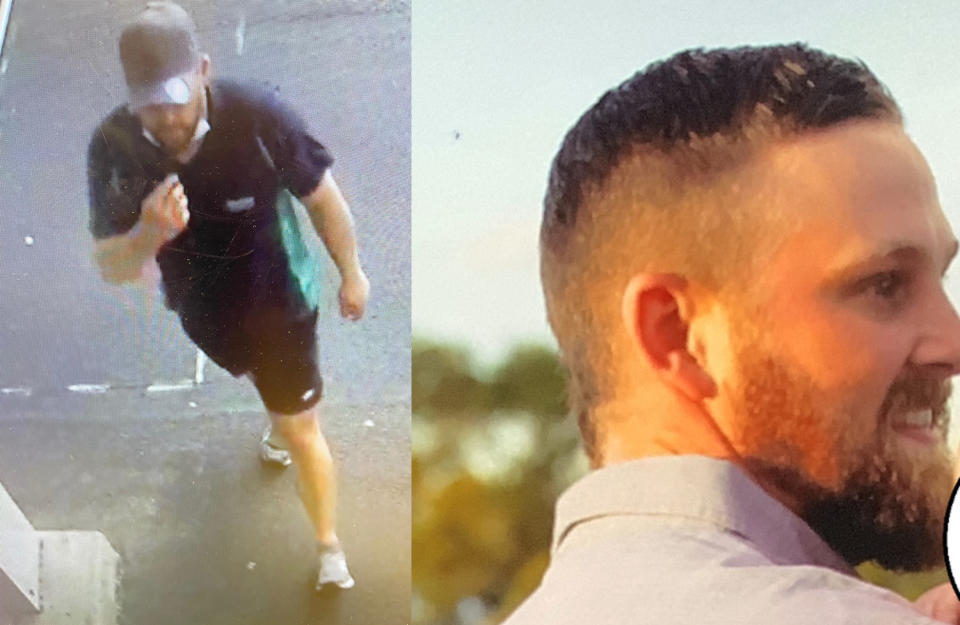 (Left) a CCTV screenshot of Daniel Muller,wearing a cap, black shorts and a black polo. Right: Side photo of Daniel Muller, with short black hair and a beard.