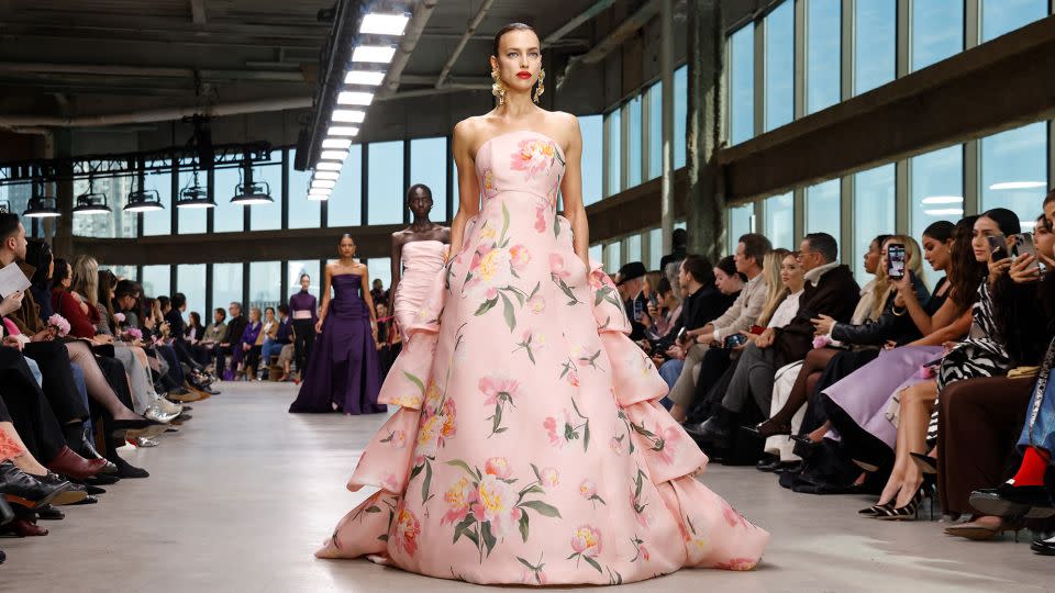 Irina Shayk wore a voluminous pink gown on the runway, one of many floral looks in full bloom. - Taylor Hill/WireImage/Getty Images