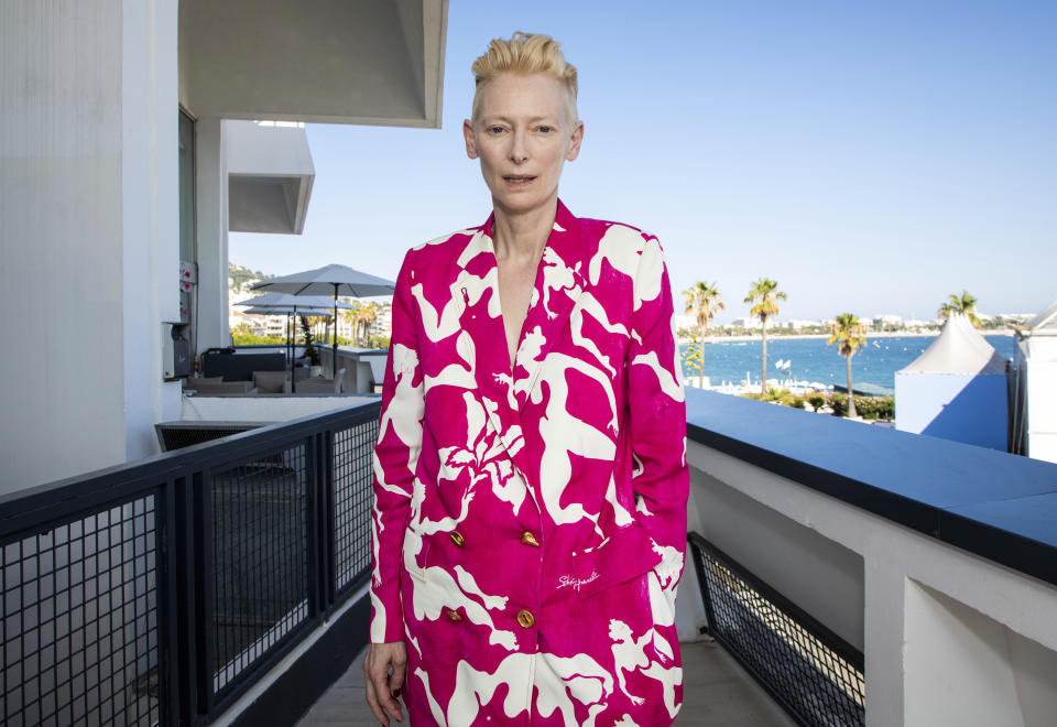 FILE - In this July 10, 2021 file photo Tilda Swinton poses for photographs following the screening of the BFI Cannes Classics film 'Friendship's Death' at the 74th international film festival, Cannes, southern France. (Photo by Vianney Le Caer/Invision/AP, File)