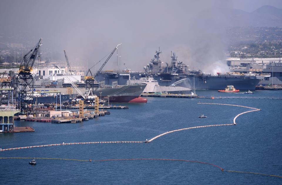 A general view of the USS Bonhomme Richard following an explosion and fire. 