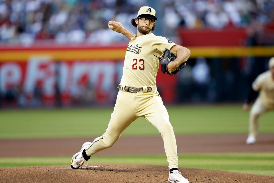 Starting pitcher Zac Gallen (23) of the Arizona Diamondbacks pitches against the San Diego Padres during the first inning of the game at Chase Field on April 21, 2023, in Phoenix.