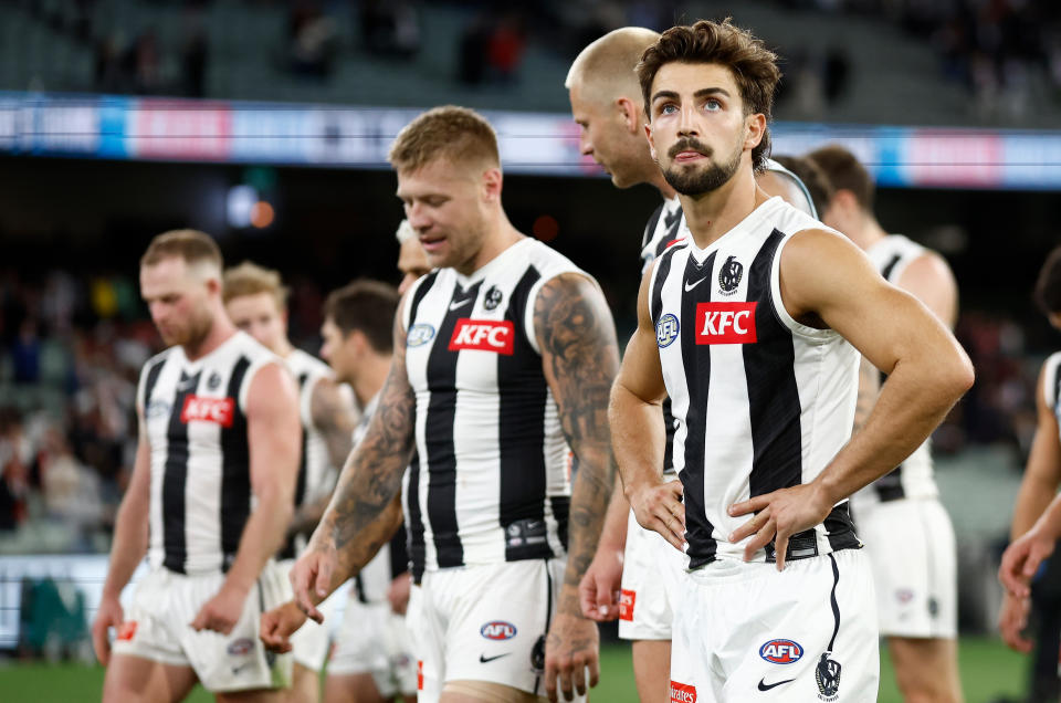 MELBOURNE, AUSTRALIA - MARCH 21: Josh Daicos of the Magpies looks dejected after a loss during the 2024 AFL Round 02 match between the St Kilda Saints and the Collingwood Magpies at the Melbourne Cricket Ground on March 21, 2024 in Melbourne, Australia. (Photo by Michael Willson/AFL Photos via Getty Images)