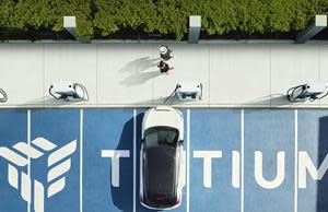 Overhead photo of Tritium's PKM150 fast chargers for electric vehicles.
