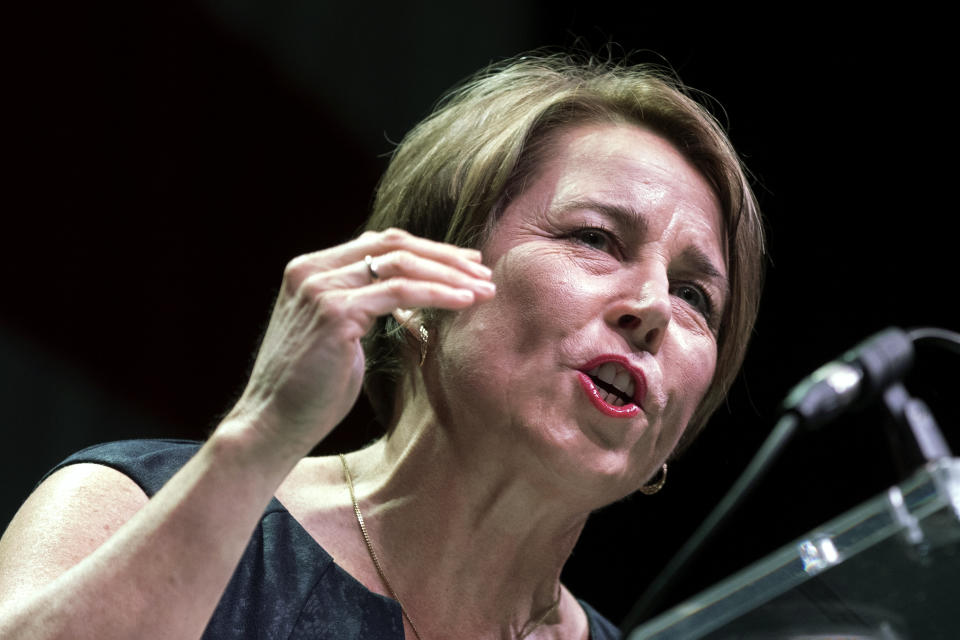 FILE - Massachusetts Attorney General, and candidate for governor, Maura Healey speaks during the state's Democratic party convention June 4, 2022, in Worcester, Mass. Healey, who’s won two statewide races for attorney general, is running virtually unopposed, with her sole rival dropping out of the race in June, though she remains on the ballot. She’s hoping to break a political “curse” in Massachusetts, referring to a string of unsuccessful campaigns by attorneys general for governor. (AP Photo/Michael Dwyer, File)