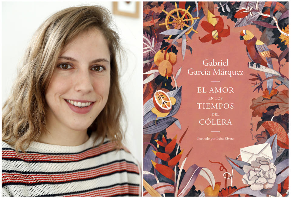 En esta combinación de fotos, la artista chilena Luisa Rivera posa en su casa en Londres el 2 de diciembre del 2019, a la izquierda, y la portada de la nueva edición conmemorativa de "El amor en los tiempos del cólera" de Gabriel García Márquez, con ilustraciones de Rivera. (AP Foto/Alastair Grant)