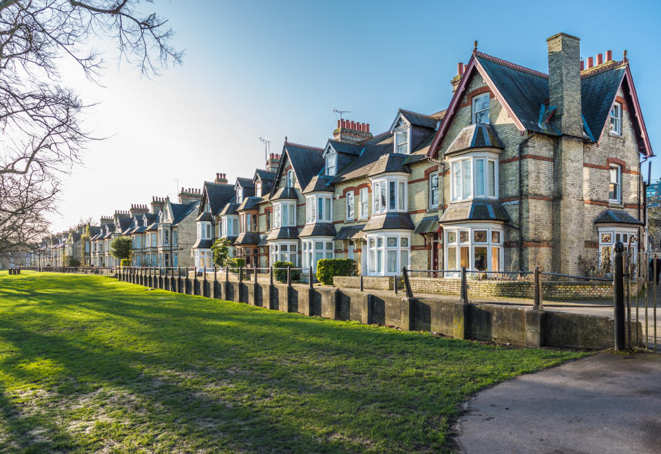 Characterful terraced houses on Park Parade facing Jesus Green in the city of Cambridge, UK. First-time buyers face average monthly mortgage payments that are 22% higher than two years ago. Photo: Getty